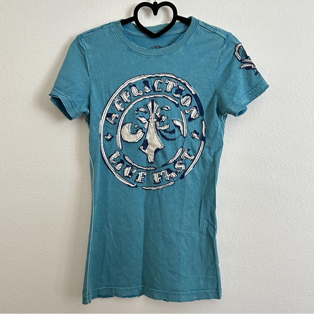 Affliction Blue Distressed Short Sleeve Cotton Tee Size Various